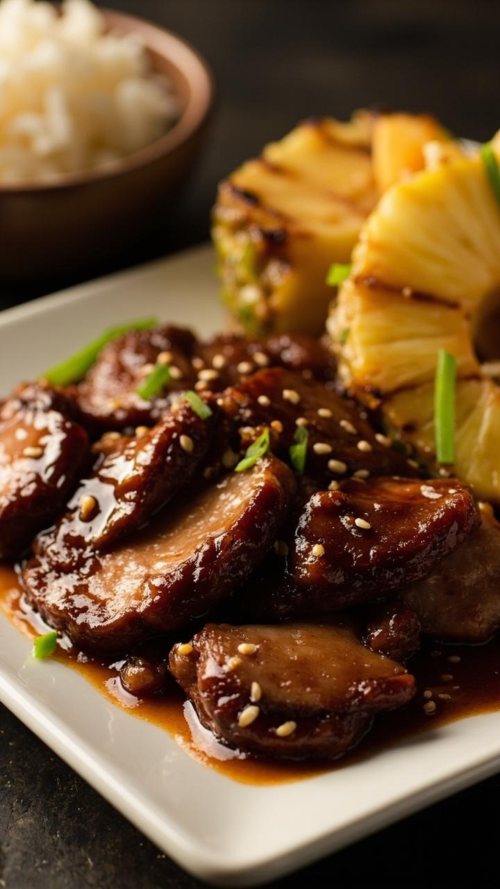 Sliced pork with glossy dark teriyaki glaze and pineapple wedges on a square white plate, sprinkle of sesame seeds and chopped green onion, small bowl of jasmine rice to the side.
