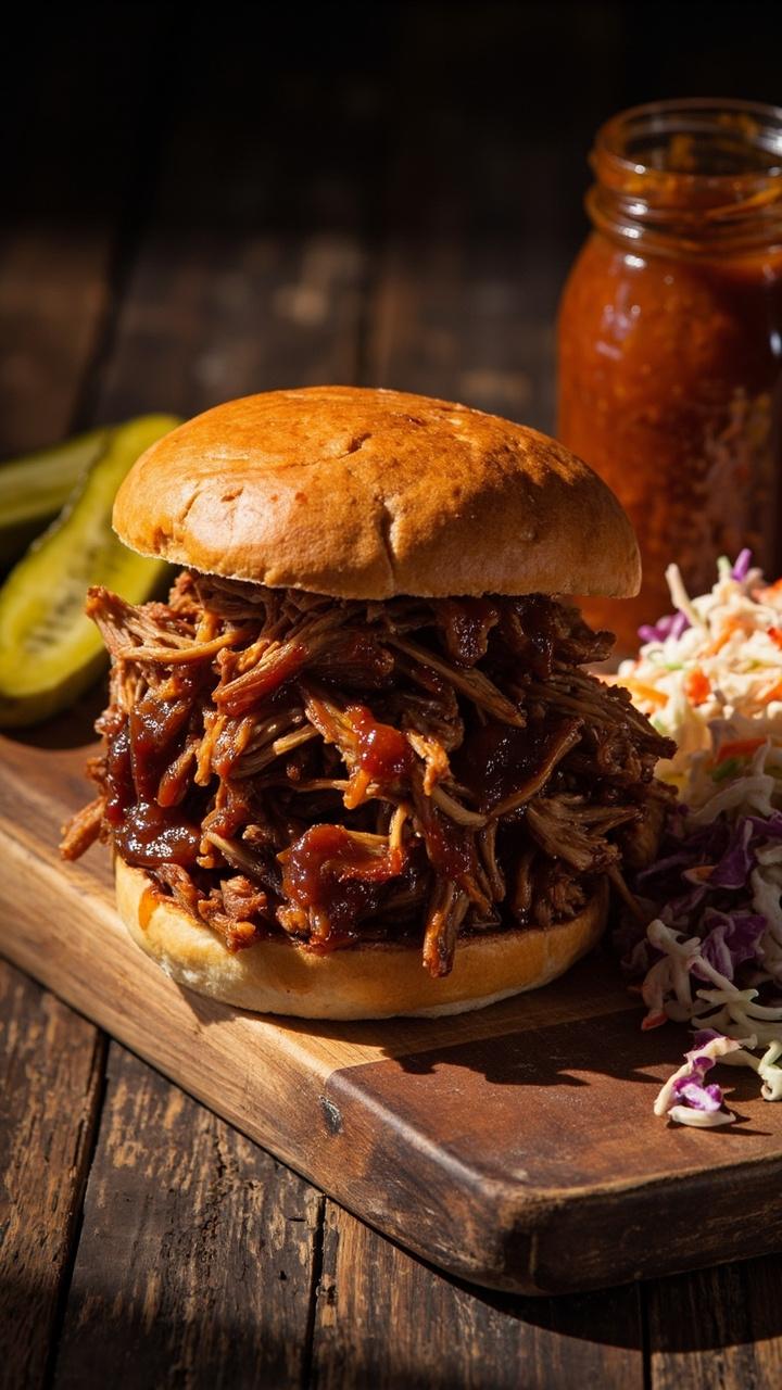 Shredded or sliced pork tossed in sticky barbecue sauce on a rustic bun on a wooden board, pickle slices and coleslaw beside the sandwich, a small jar of extra BBQ sauce.