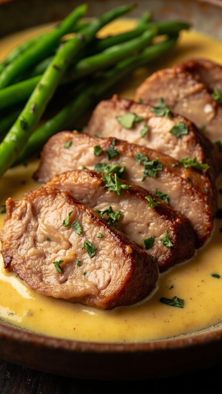 Thick slices of pork on a shallow bowl with pale yellow creamy mustard sauce pooled around, sprinkle of chopped parsley, steamed green beans on the side.
