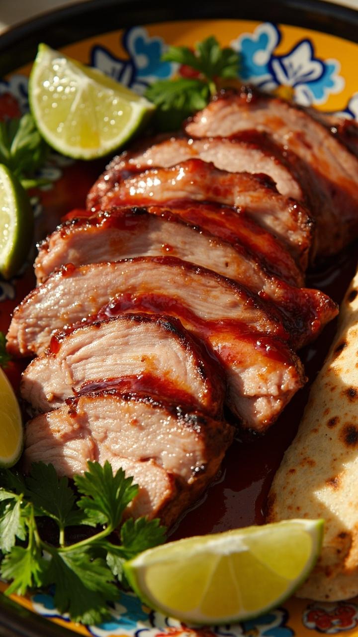 Thinly sliced pork with a light red glaze on a colorful ceramic plate, lime wedges and cilantro leaves scattered around, small pile of warm corn tortillas visible.