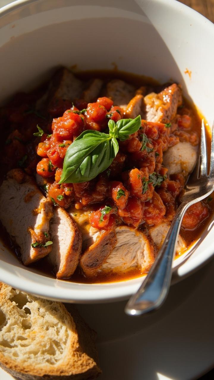 Sliced pork spooned with chunky tomato basil sauce in a deep white bowl, fresh basil leaves on top, a fork resting at the edge and a piece of crusty bread nearby.