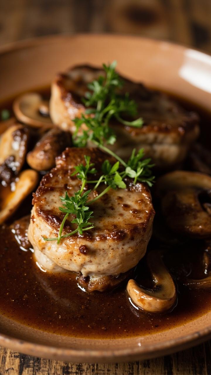 Slices of pork nestled in a shallow pool of brown mushroom Marsala sauce, sautéed mushroom slices visible, sprinkle of chopped parsley, warm ceramic plate on a wooden surface.