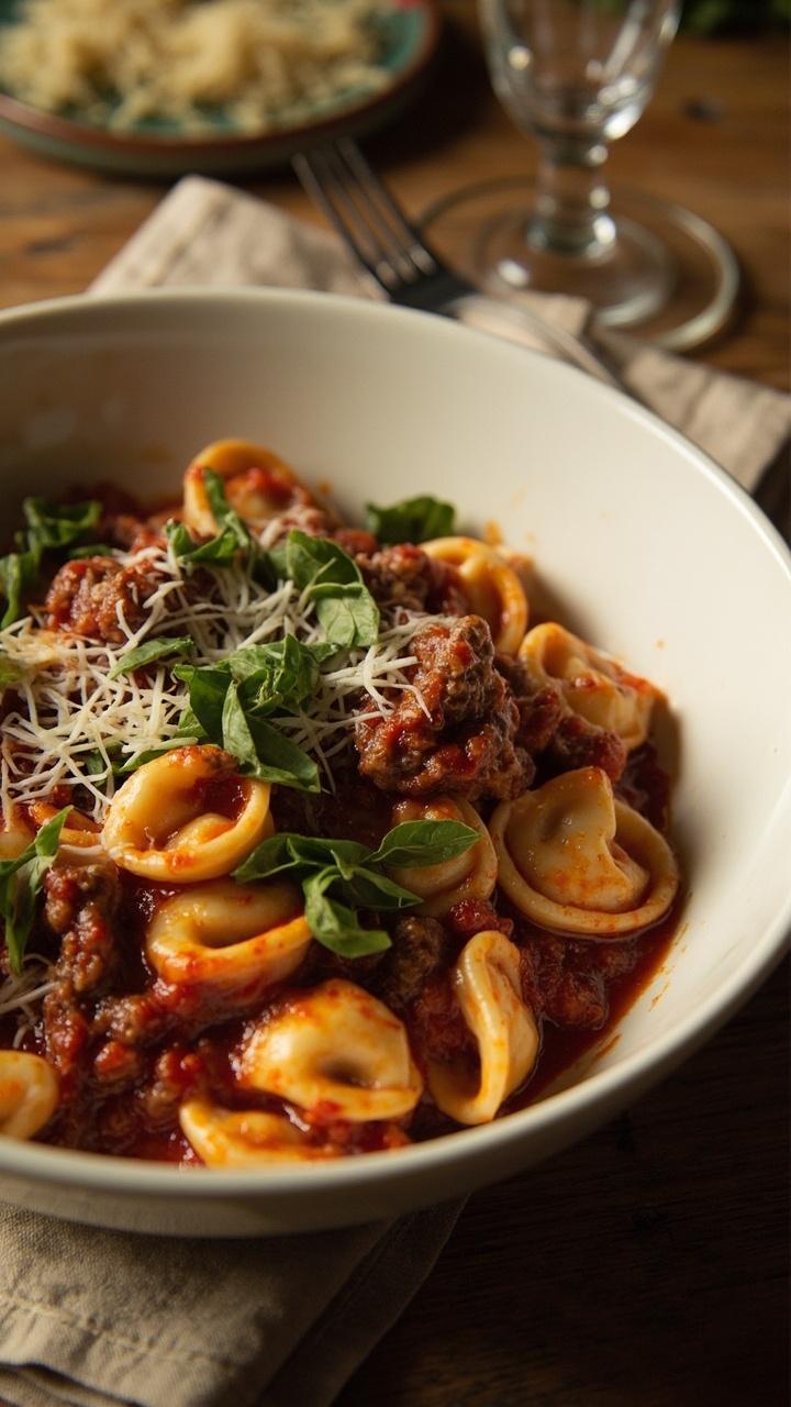 Shallow white pasta bowl with golden cheese tortellini coated in chunky red tomato sauce, scattered browned crumbled beef, torn bright green basil leaves, a small pile of grated Parmesan on the rim, and a rustic wooden table beneath with a linen napkin and a fork.