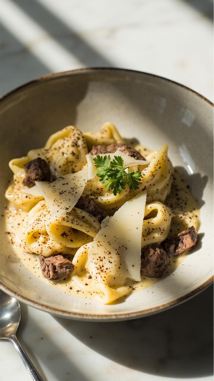 Wide shallow bowl with pillowy tortellini coated in glossy pale cream sauce, scattered browned beef pieces, a light dusting of cracked black pepper, thin shavings of Parmesan, and a sprig of parsley on top. The bowl sits on a light marble surface with a small spoon beside it.