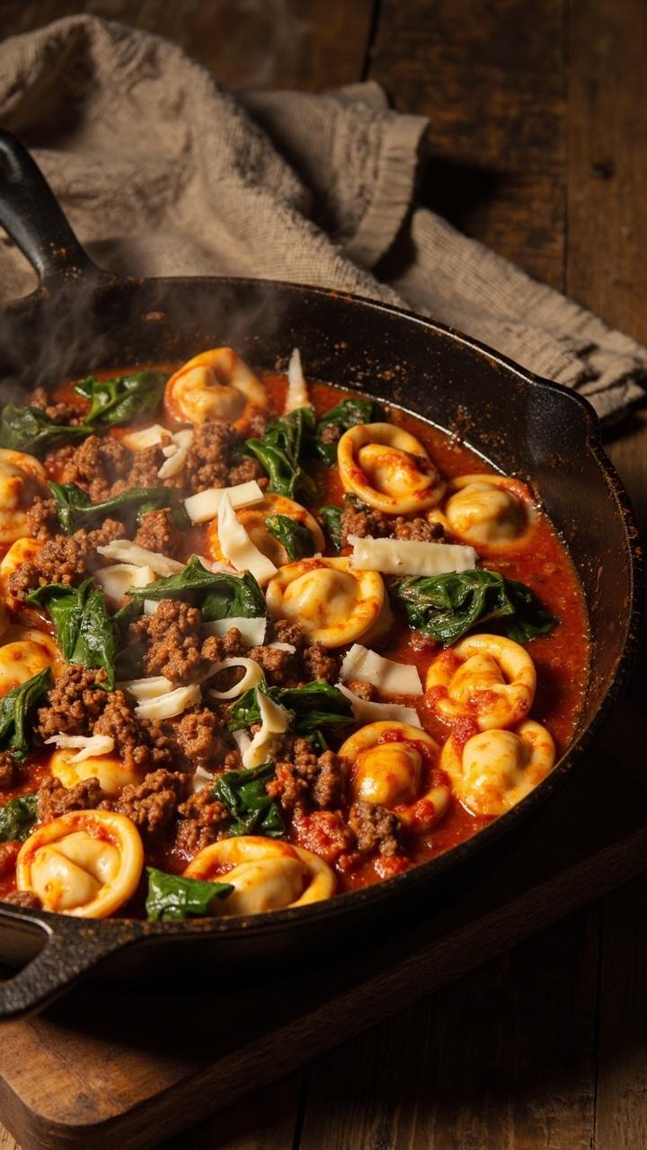Deep cast iron skillet on a wooden trivet filled with tortellini in a light tomato and beef sauce, wilted bright spinach leaves folded through, browned beef crumbles on top, and a sprinkle of shredded mozzarella melting into pockets. A folded kitchen towel sits nearby.