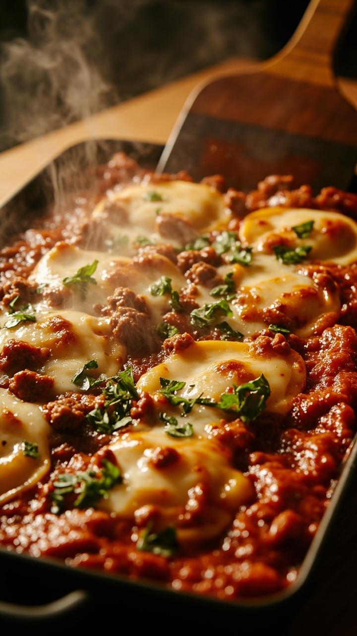 Rectangular baking dish pulled from the oven with bubbling red sauce and melted golden mozzarella, visible pockets of tortellini and browned beef, a sprinkle of chopped parsley on top, and a wooden spatula resting on the side.