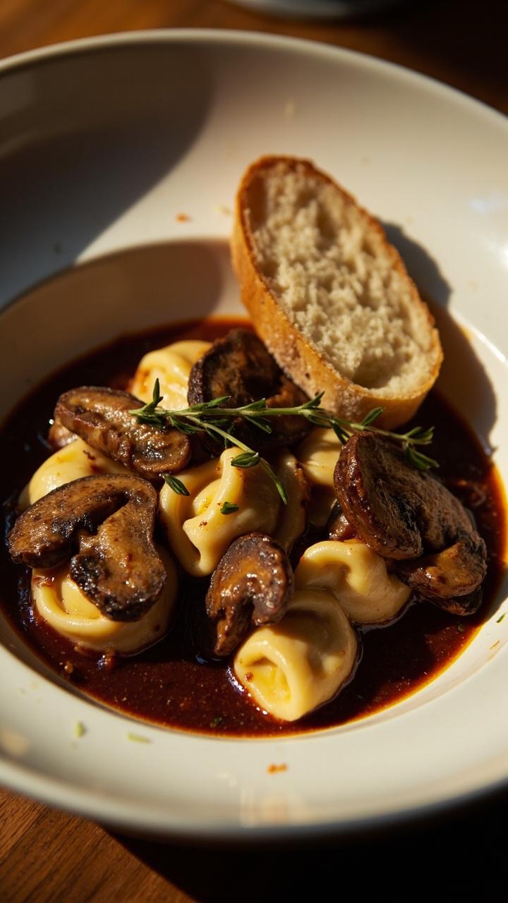 Deep white pasta bowl with tortellini nestled in a glossy dark brown red wine and mushroom sauce, sliced sautéed mushrooms on top, flecks of thyme, and a small wedge of rustic bread resting on the side of the bowl.