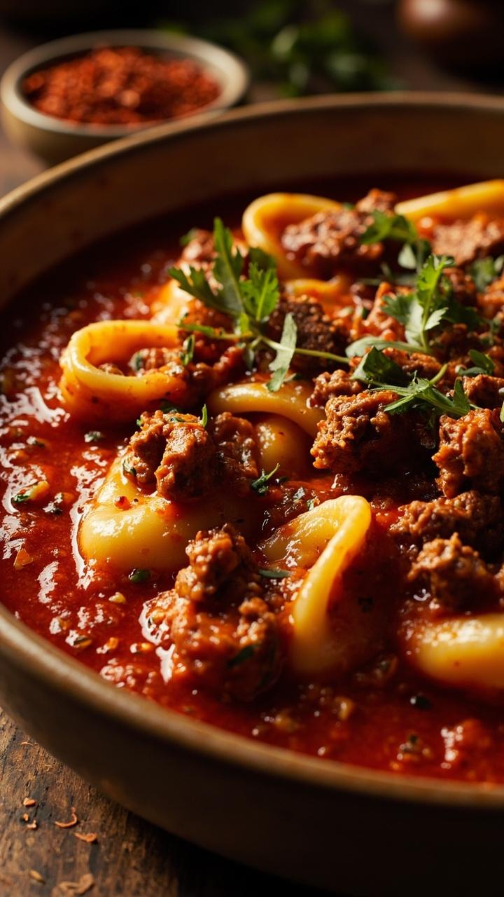Deep red tomato sauce clinging to tortellini in a shallow bowl, flecks of crushed red pepper and minced garlic visible, browned beef scattered, fresh parsley sprinkled on top, and a small bowl of extra chili flakes to the side.