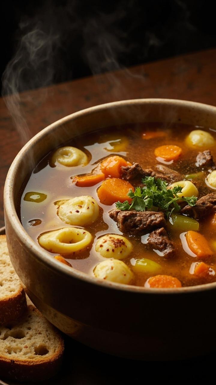 Large soup bowl filled with clear golden broth, floating tortellini, diced carrots and celery, small pieces of browned beef, and a sprinkle of chopped parsley. A slice of crusty bread sits on a small plate beside the bowl.