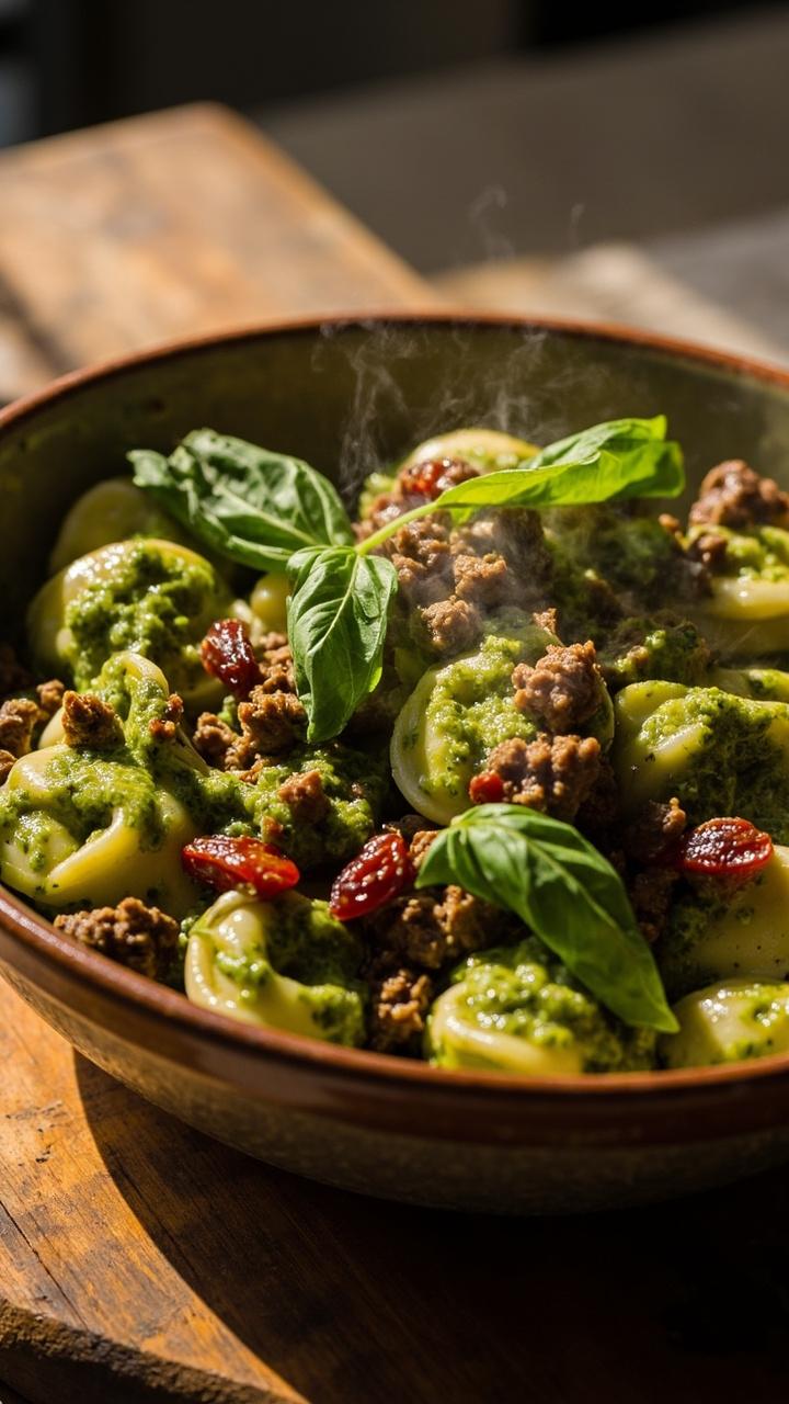 Shallow bowl with tortellini coated in glossy green pesto, chopped sun-dried tomatoes scattered, browned ground beef mixed through, a few basil leaves on top, and a light drizzle of olive oil on a wooden board.