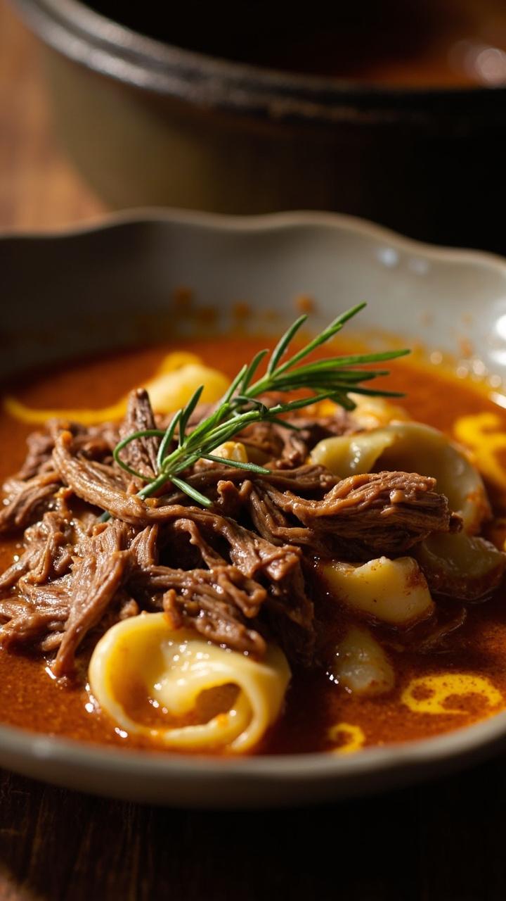 Wide shallow bowl with tortellini nestled under a thick, rich brown red ragu, visible shredded beef strands, a light drizzle of olive oil, and a sprig of rosemary for garnish. A small cast iron pot sits in the background.