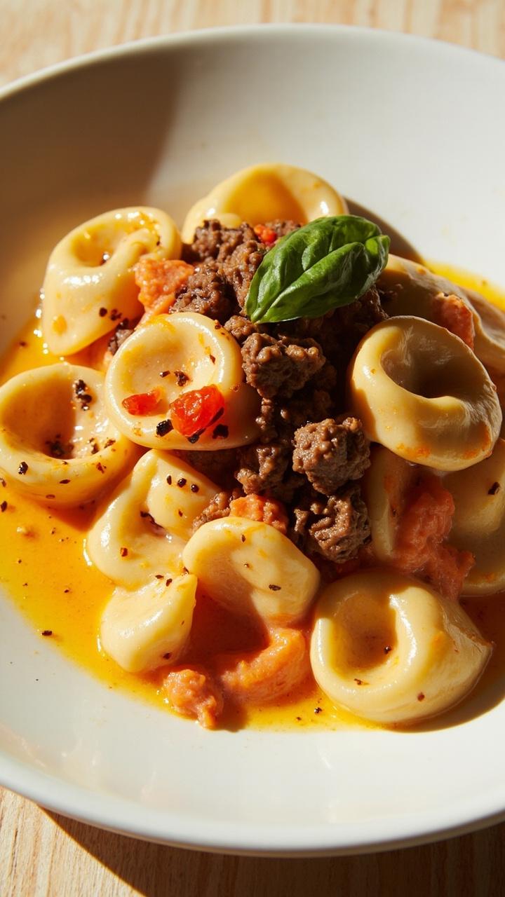 White deep plate with tortellini coated in glossy pale orange roasted red pepper cream, flecks of red pepper visible, browned beef crumbles scattered, a drizzle of olive oil and a few basil leaves on top, placed on a light wooden table.