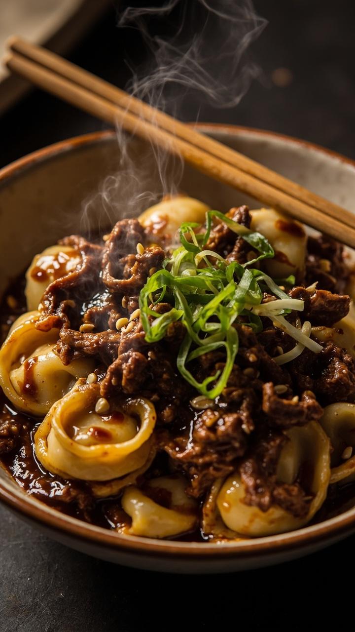 Shallow bowl with tortellini tossed in glossy dark soy ginger sauce, thinly sliced scallions and toasted sesame seeds sprinkled on top, small strips of browned beef mixed through, and a pair of wooden chopsticks resting on the rim.