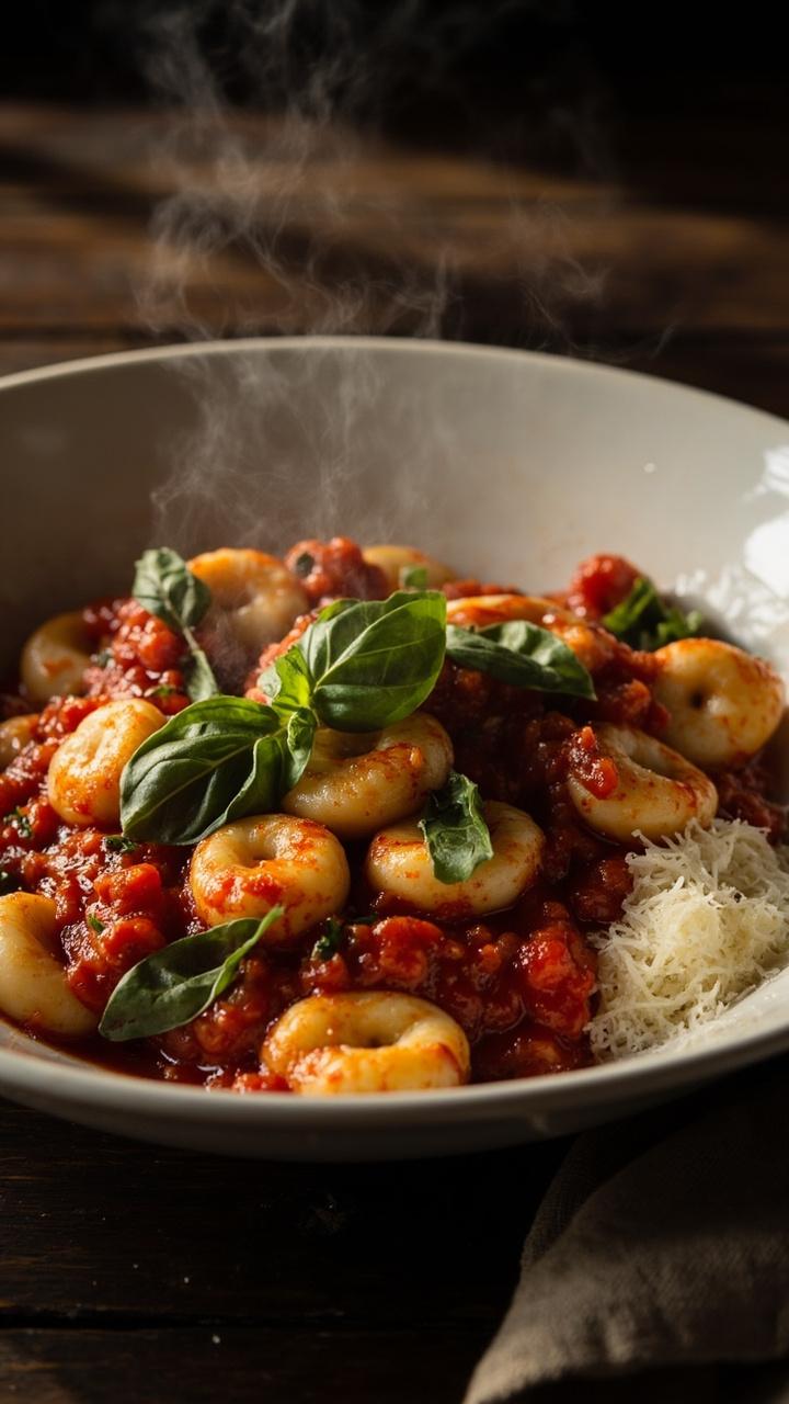 a shallow white bowl of pillowy gnocchi coated in chunky red tomato sauce, scattered fresh basil leaves on top, a small pile of grated Parmesan at the side, wooden table surface with a folded linen napkin