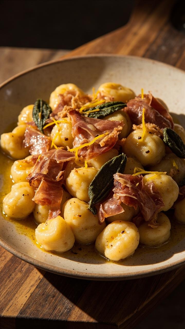 golden gnocchi glazed in brown butter, crisped prosciutto shards scattered on top, browned sage leaves tucked around the plate, thin strips of lemon zest as a bright accent, shallow ceramic plate on a wooden board