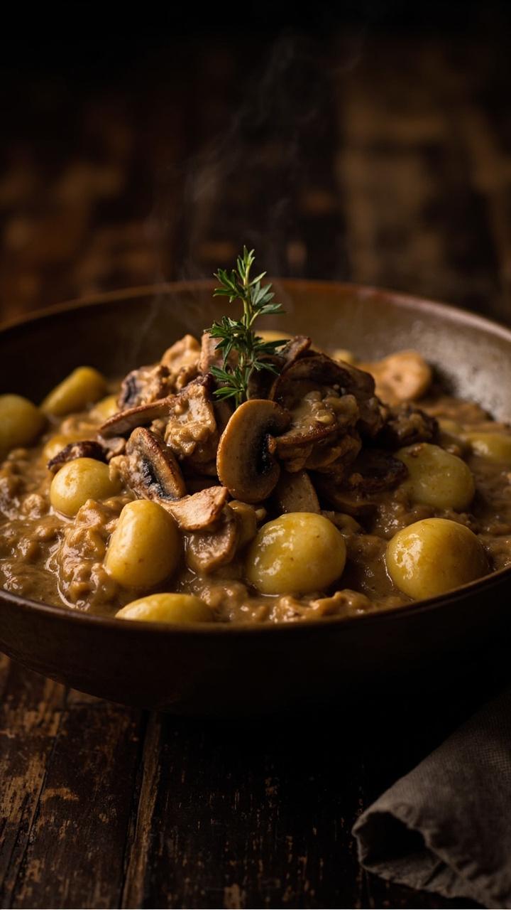 gnocchi in a glossy creamy mushroom sauce, sautéed mushroom slices piled on top, a single thyme sprig for garnish, rustic bowl on a dark wooden table with a folded napkin