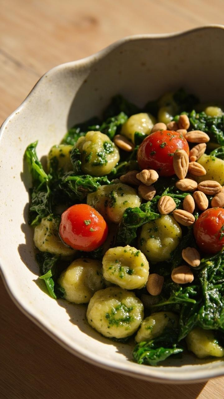 gnocchi tossed in glossy green pesto, halved red cherry tomatoes and wilted bright green spinach leaves mixed through, toasted pine nuts sprinkled on top, shallow bowl on a light wooden table