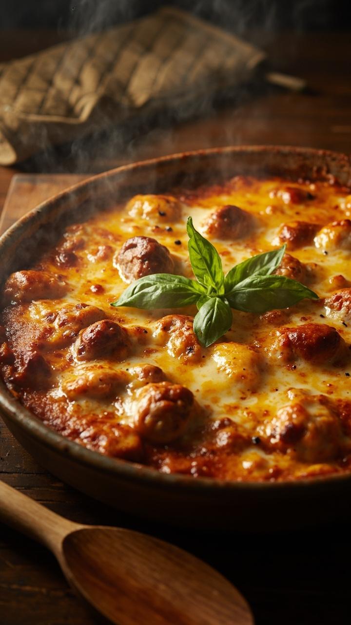 golden baked casserole with bubbling cheese and visible sausage pieces, fresh basil leaves scattered on top, a wooden serving spoon resting beside the baking dish, oven mitt on the table