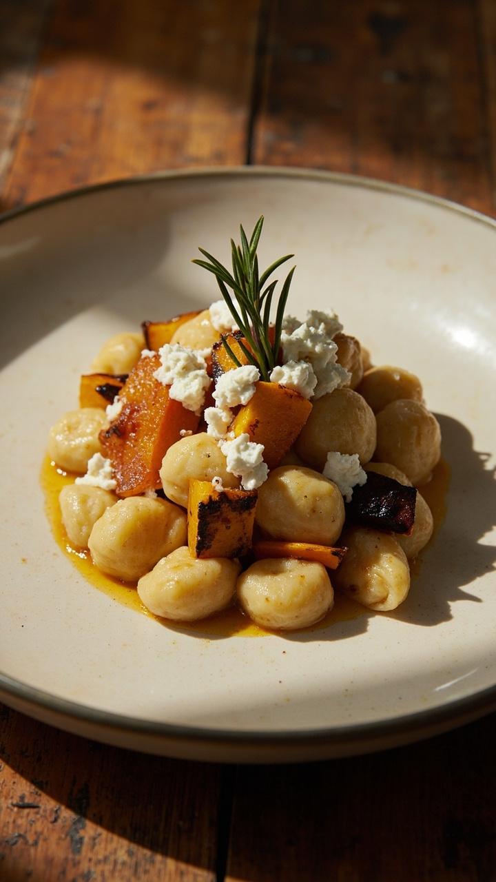 plush gnocchi mixed with caramelized cubes of orange roasted squash, crumbled white goat cheese scattered on top, a few rosemary needles as garnish, pale ceramic plate on a wooden tabletop