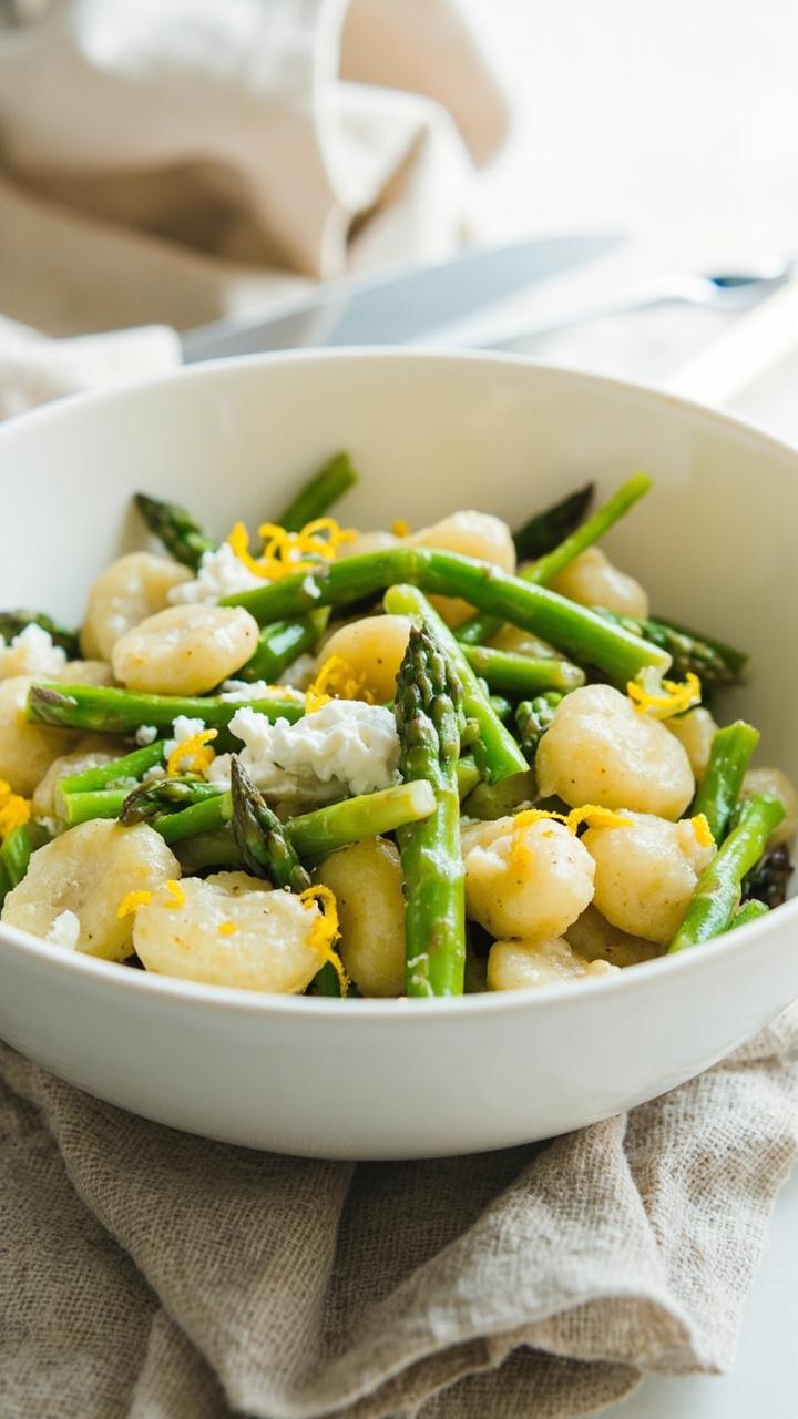 pale gnocchi tossed with tender green asparagus spears, scattered dots of ricotta and visible lemon zest, white shallow bowl with a light linen napkin beside it