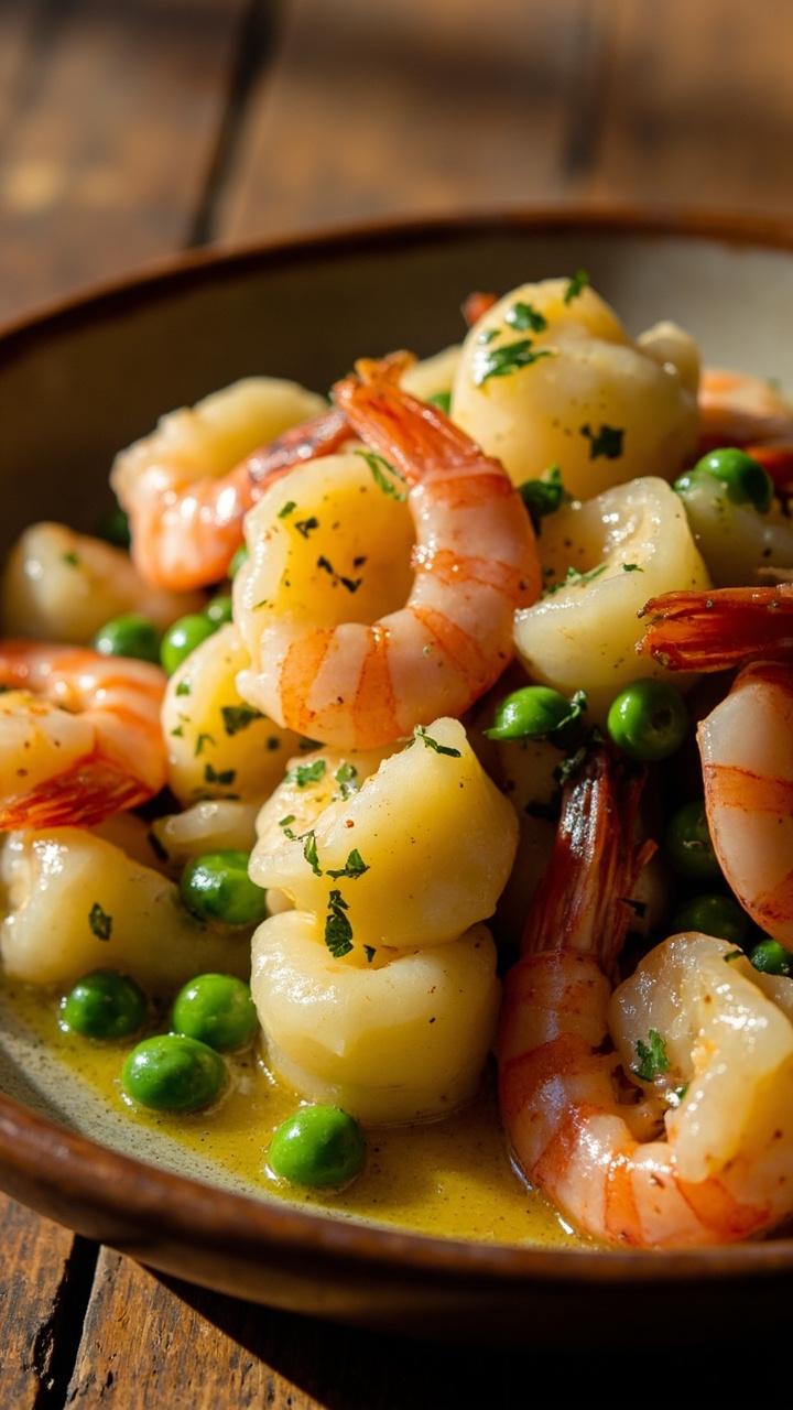 pink shrimp nestled among pillowy gnocchi and bright green peas in a glossy garlic butter sauce, chopped parsley scattered on top, wide shallow plate on a wooden surface
