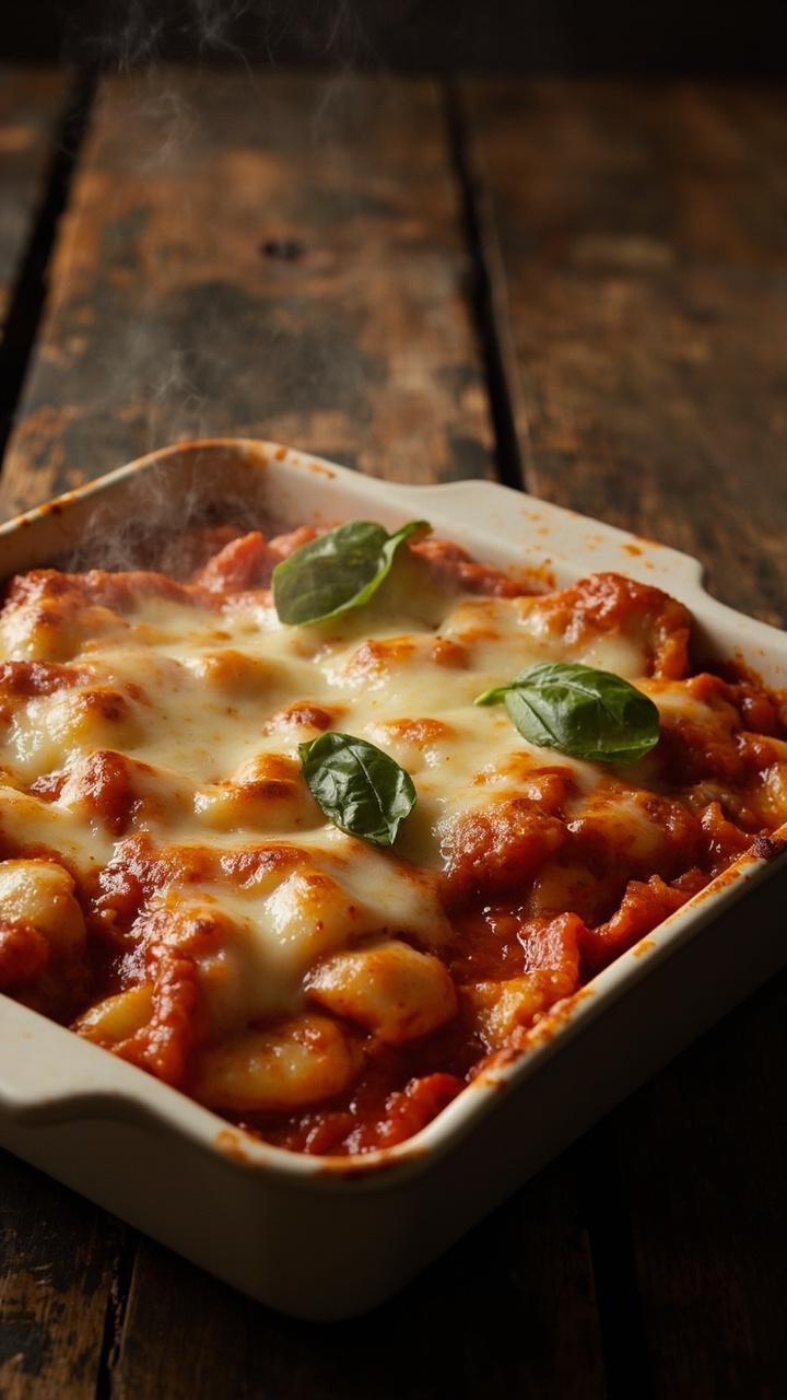 bubbling casserole of gnocchi smothered in bright tomato sauce with melted mozzarella showing golden brown spots, fresh basil leaves scattered on top, ceramic baking dish on a wooden table