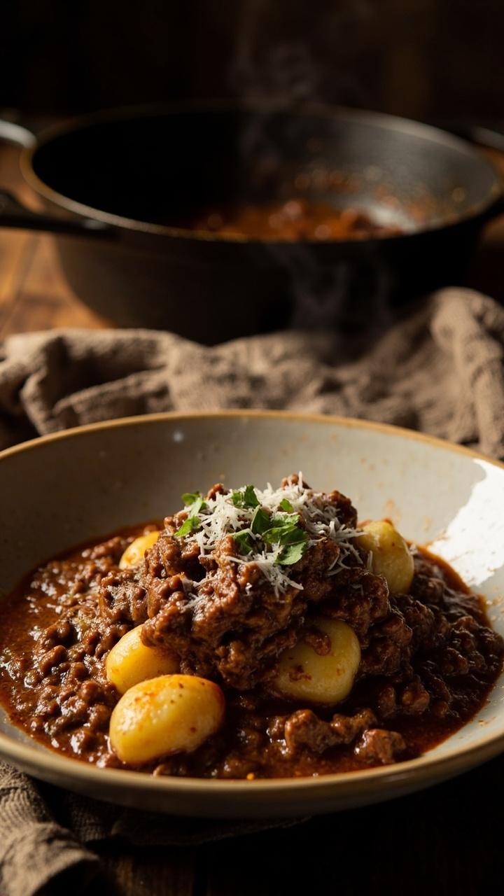 deep plate with gnocchi under a glossy brown beef ragù, a dusting of grated Parmesan and chopped parsley, a heavy cast iron pan in the background and a folded linen napkin