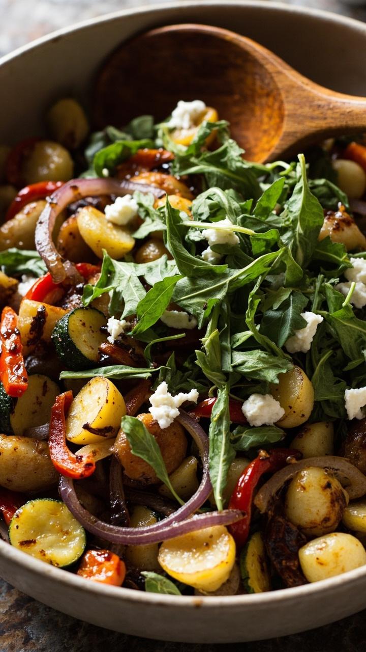large shallow bowl of golden roasted zucchini, red bell pepper and red onion tossed with gnocchi, peppery arugula leaves and crumbled feta scattered on top, a drizzle of balsamic visible and a wooden serving spoon