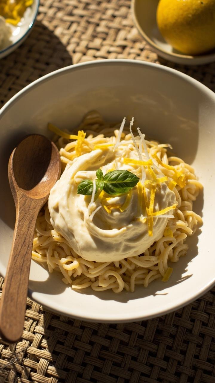 shallow white bowl of pale yellow orzo with glossy ricotta swirl, thin lemon zest ribbons on top, small basil leaf garnish, wooden spoon on a woven placemat