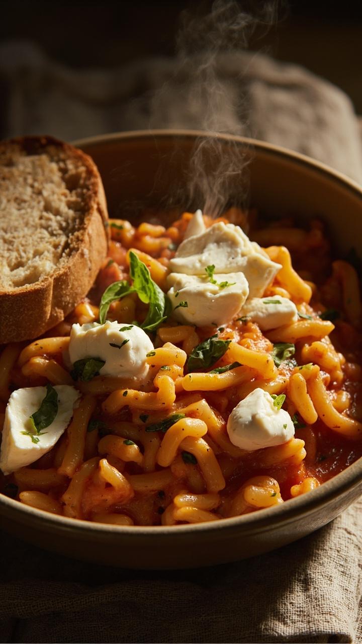 deep bowl of orange creamy tomato orzo with flecks of bright green basil, torn mozzarella pieces melting on top, rustic bread slice on the side, linen napkin under the bowl