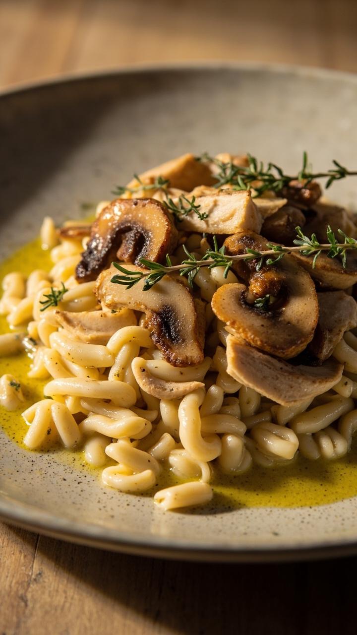 wide shallow plate with creamy beige orzo studded with sliced brown mushrooms and thin chicken strips, fresh thyme sprigs on top, small drizzle of olive oil, neutral wood table
