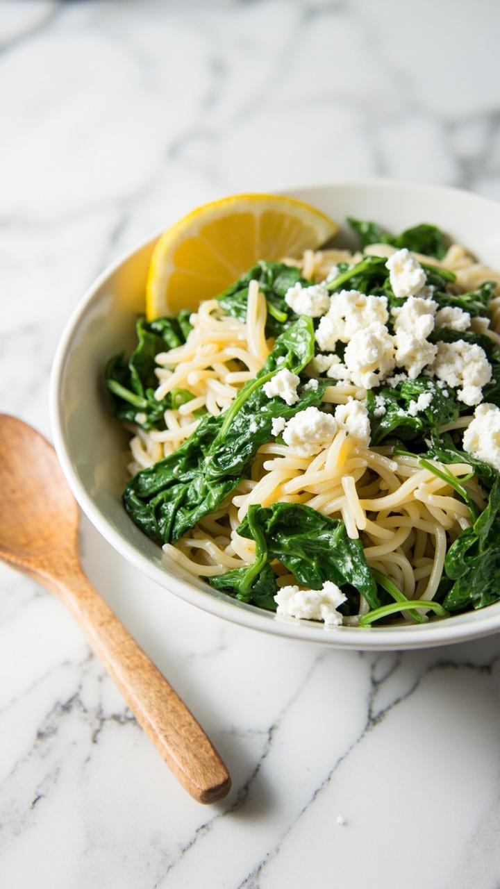 white bowl of pale orzo with wilted bright green spinach and crumbled white feta on top, lemon wedge at the rim, small wooden spoon beside bowl, marble countertop