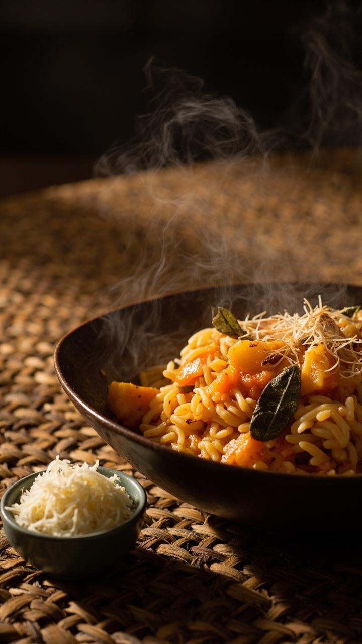 deep bowl with orangey creamy orzo and golden roasted squash cubes, crispy sage leaves scattered on top, small ramekin of extra Parmesan beside, woven placemat