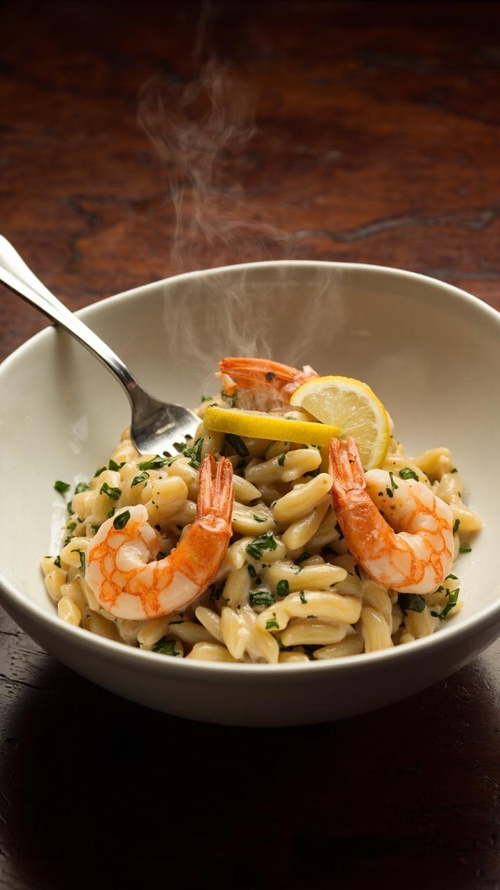 white shallow bowl with pink shrimp perched on creamy off white orzo, thin lemon slices and parsley sprinkled, fork resting on edge, dark wood table