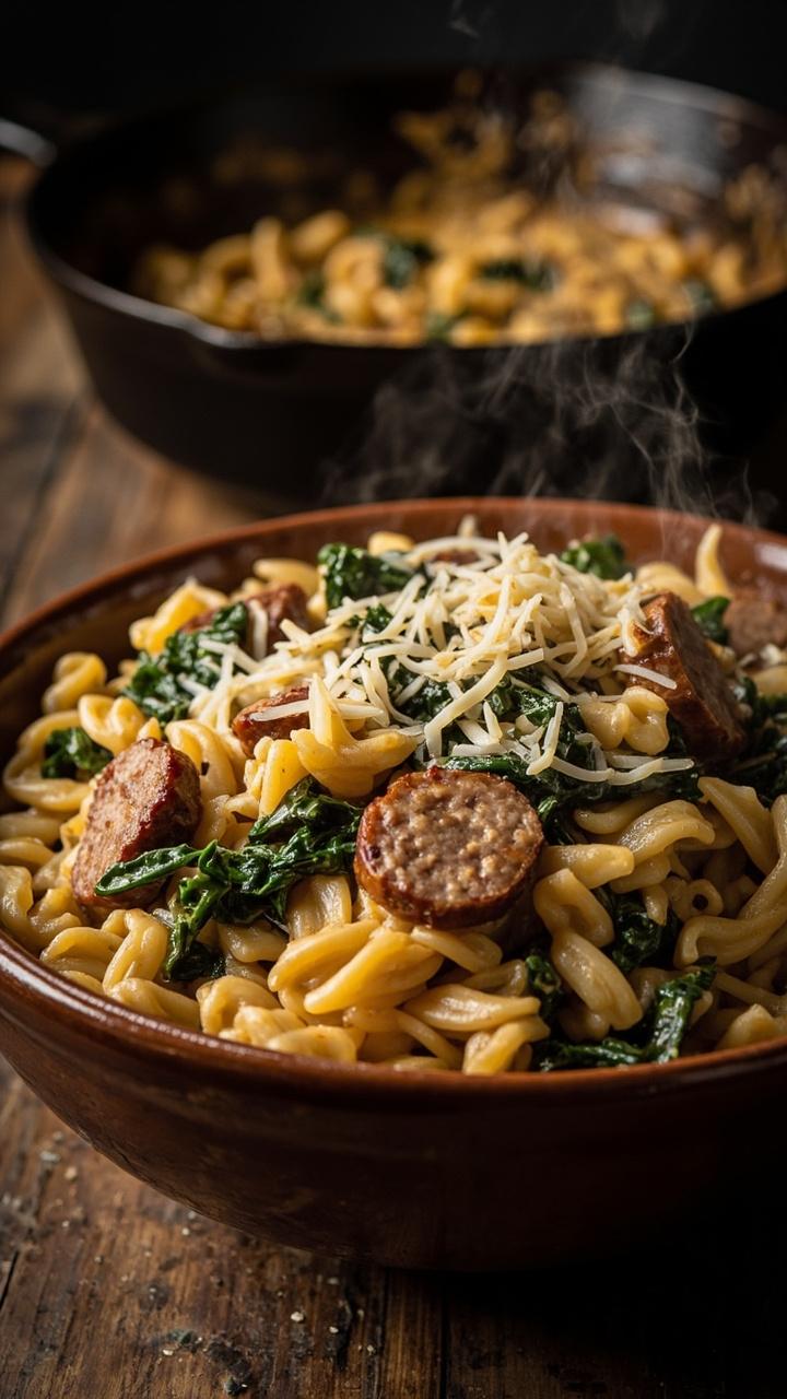 deep bowl of tan creamy orzo mixed with browned sausage slices and wilted dark green kale, sprinkle of grated cheese, cast iron skillet in the background