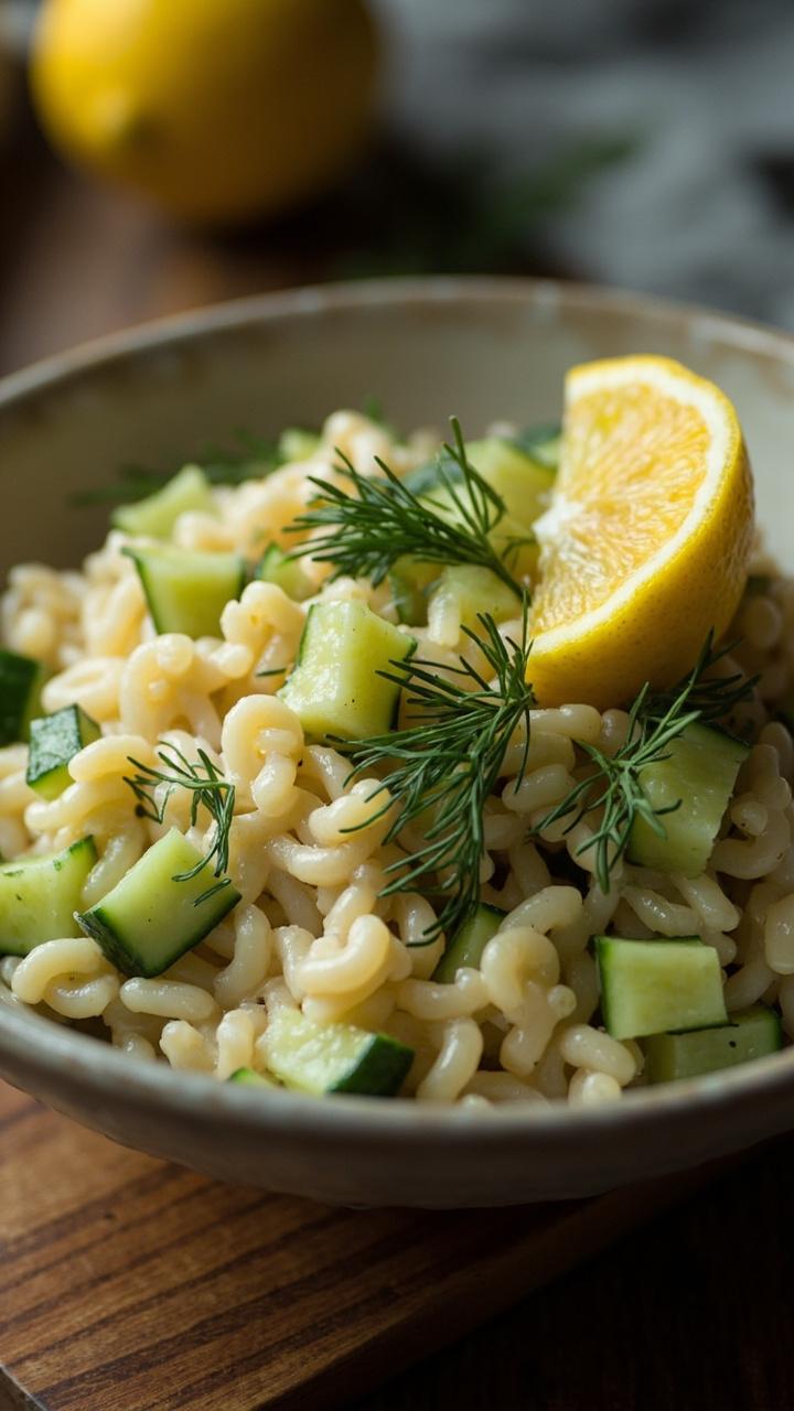 shallow bowl with creamy pale orzo flecked with green cucumber cubes and dill, thin lemon wedge on edge, small wood board beneath bowl