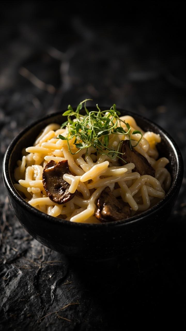small black bowl with glossy cream colored orzo dotted with sliced golden brown mushrooms, tiny drizzle of dark truffle oil visible, microgreens on top, black slate background