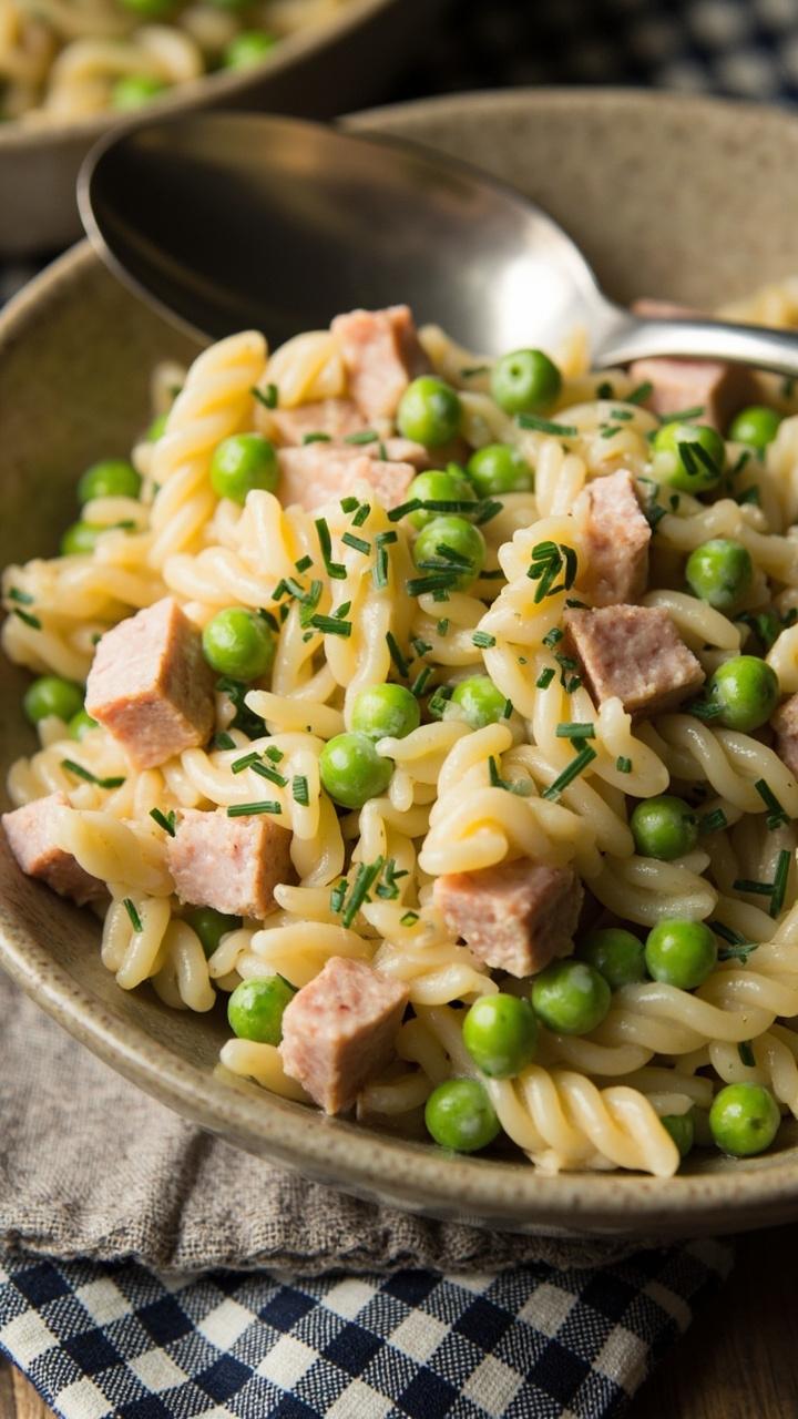 shallow bowl of pale creamy orzo with bright green peas and small pink ham cubes, sprinkle of chopped chives, spoon on the side, gingham napkin