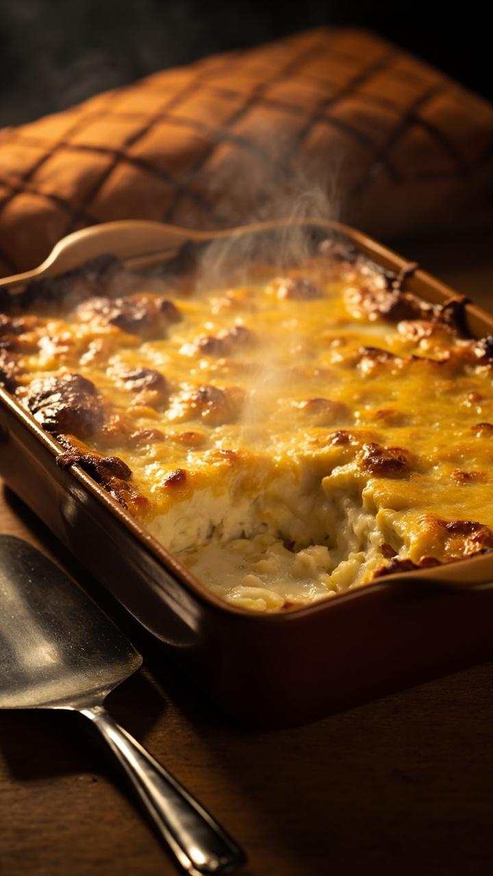 rectangular baking dish with bubbly golden top and browned cheese edges, scoop removed showing creamy interior, serving spatula nearby, oven mitt in background