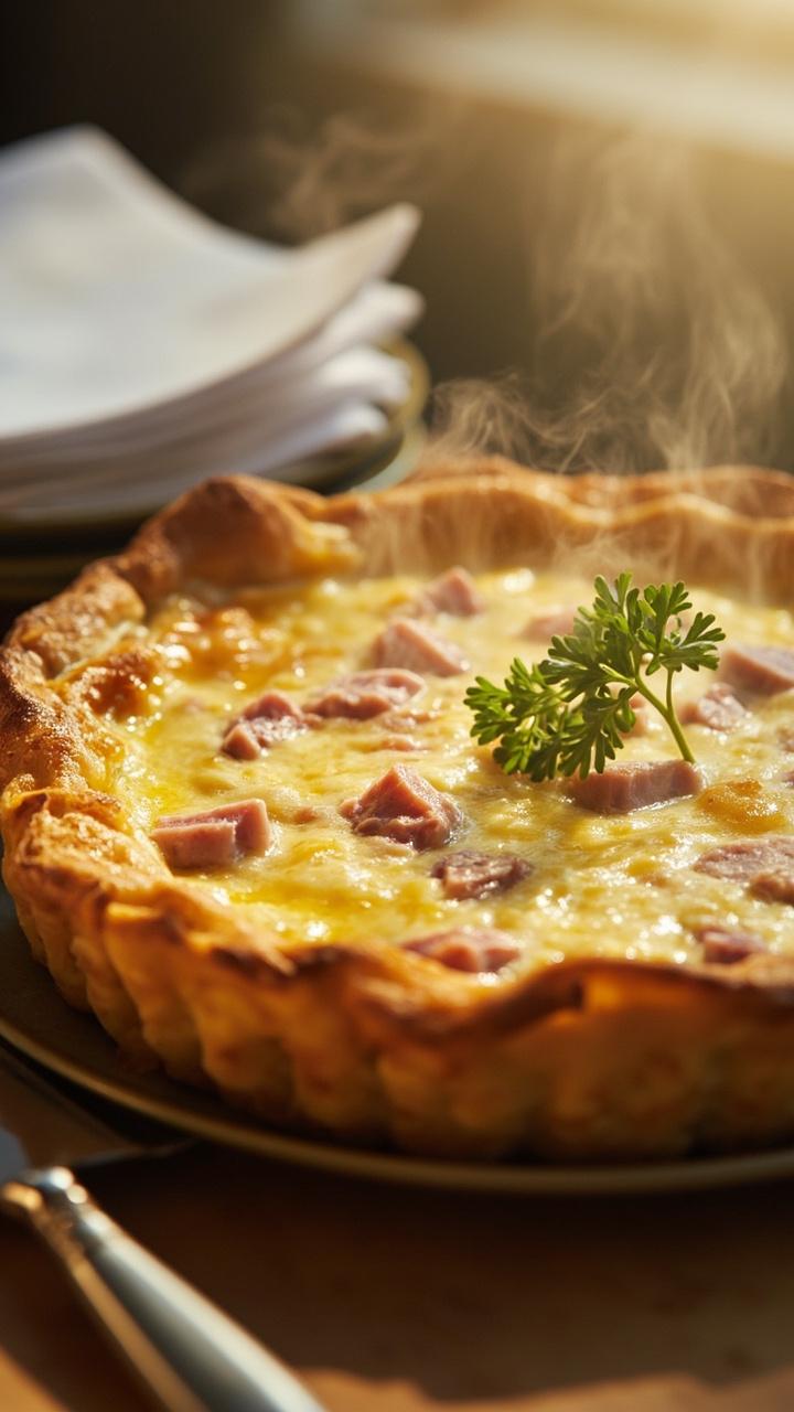 Golden baked 9 inch quiche with a flaky crust, pale creamy filling speckled with pink ham cubes and melted pale yellow Swiss cheese, a small stack of napkins, a serrated pie server, soft morning light, a sprig of fresh parsley on the quiche edge Golden baked 9 inch quiche with a flaky crust, pale creamy filling speckled with pink ham cubes and melted pale yellow Swiss cheese, a small stack of napkins, a serrated pie server, soft morning light, a sprig of fresh parsley on the quiche edge