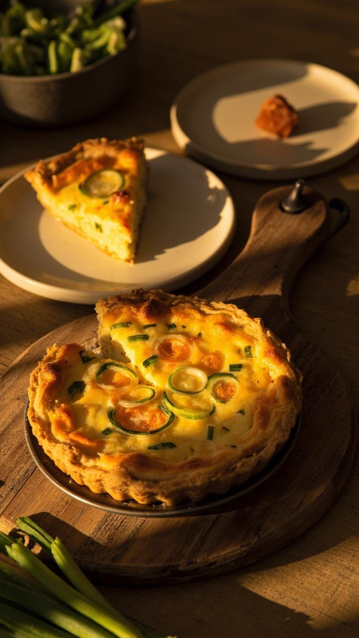 9 inch quiche sliced to show vivid yellow custard studded with orange cheddar and thin green scallion rings, slice on a white plate, wooden board underneath, small bowl of extra sliced scallions nearby, warm afternoon light 9 inch quiche sliced to show vivid yellow custard studded with orange cheddar and thin green scallion rings, slice on a white plate, wooden board underneath, small bowl of extra sliced scallions nearby, warm afternoon light