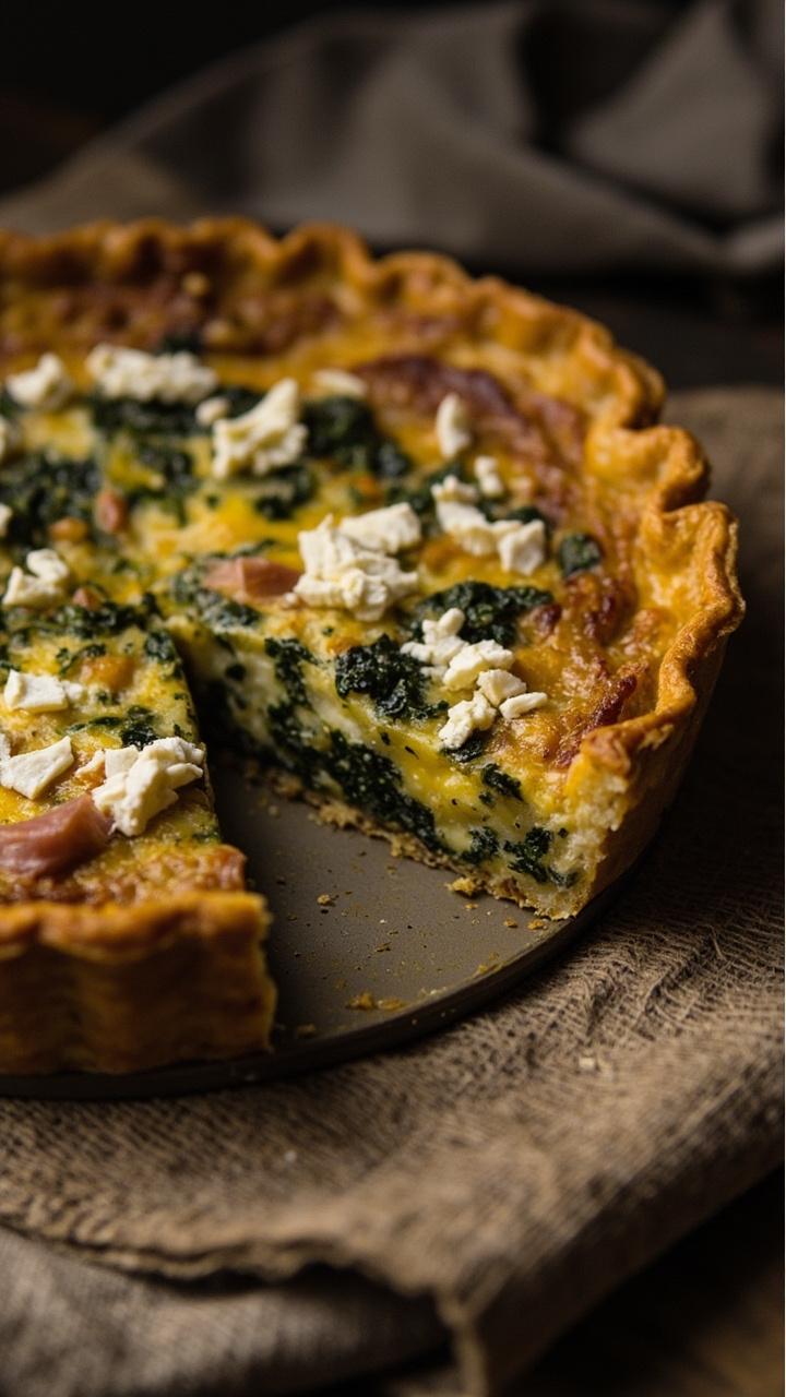 Round quiche with a slightly crumbled white feta top, flecks of dark green spinach and pink ham visible, rustic ceramic plate, linen napkin, wedge removed to show interior layers, soft midday kitchen light Round quiche with a slightly crumbled white feta top, flecks of dark green spinach and pink ham visible, rustic ceramic plate, linen napkin, wedge removed to show interior layers, soft midday kitchen light