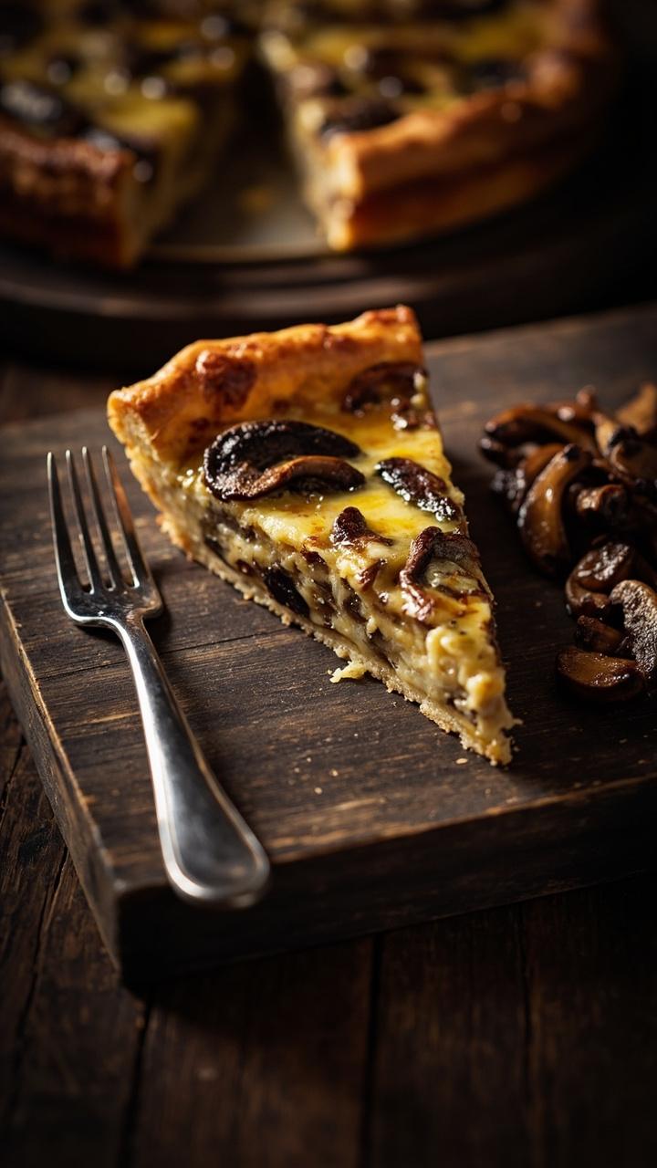 Sliced quiche with browned mushroom slices and melted gruyere on top, small pile of sautéed mushrooms on the side, dark wooden board, fork beside the plate, soft indoor lighting Sliced quiche with browned mushroom slices and melted gruyere on top, small pile of sautéed mushrooms on the side, dark wooden board, fork beside the plate, soft indoor lighting