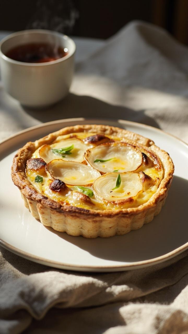 Quiche with thin pale leek rings visible across the surface, creamy interior with white cheddar melted throughout, simple white plate, linen napkin, mug of tea beside the plate Quiche with thin pale leek rings visible across the surface, creamy interior with white cheddar melted throughout, simple white plate, linen napkin, mug of tea beside the plate