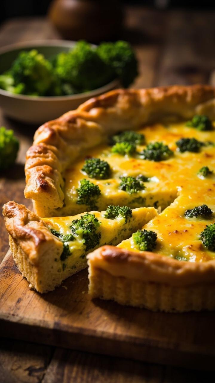 Quiche with bright green broccoli florets peeking through golden cheddar custard, slice taken out showing broccoli distribution, wooden cutting board, small bowl of extra steamed broccoli Quiche with bright green broccoli florets peeking through golden cheddar custard, slice taken out showing broccoli distribution, wooden cutting board, small bowl of extra steamed broccoli