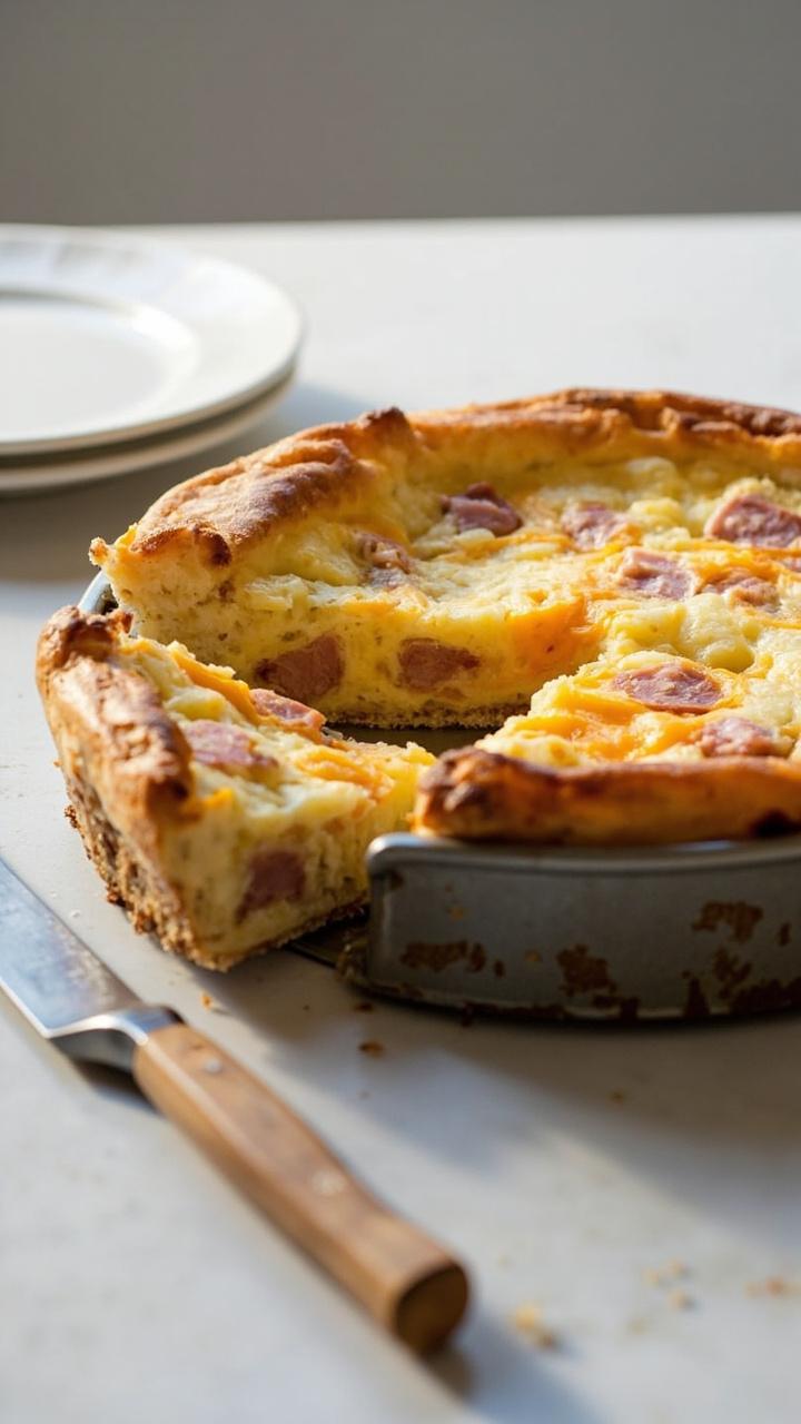 Thicker rustic crustless quiche, golden and slightly puffed, knife beside the pan, slices showing dense custard studded with ham and cheddar, minimal table setting Thicker rustic crustless quiche, golden and slightly puffed, knife beside the pan, slices showing dense custard studded with ham and cheddar, minimal table setting
