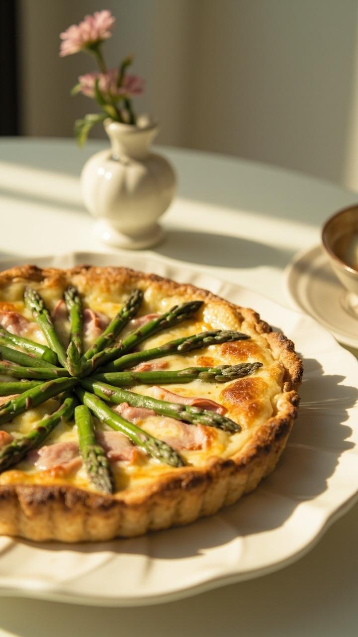 Quiche topped with short asparagus tips arranged in a radial pattern, pale custard with pink ham pieces, white serving plate, small vase with a single bloom in the background, soft morning sunlight Quiche topped with short asparagus tips arranged in a radial pattern, pale custard with pink ham pieces, white serving plate, small vase with a single bloom in the background, soft morning sunlight