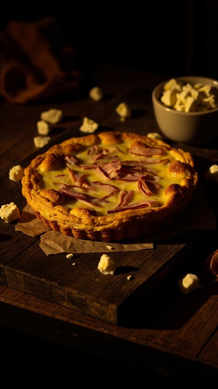 Quiche with small crumbles of white goat cheese on top, thin ribbons of smoked ham visible in the filling, dark wooden board, small bowl of extra goat cheese, cozy evening light Quiche with small crumbles of white goat cheese on top, thin ribbons of smoked ham visible in the filling, dark wooden board, small bowl of extra goat cheese, cozy evening light