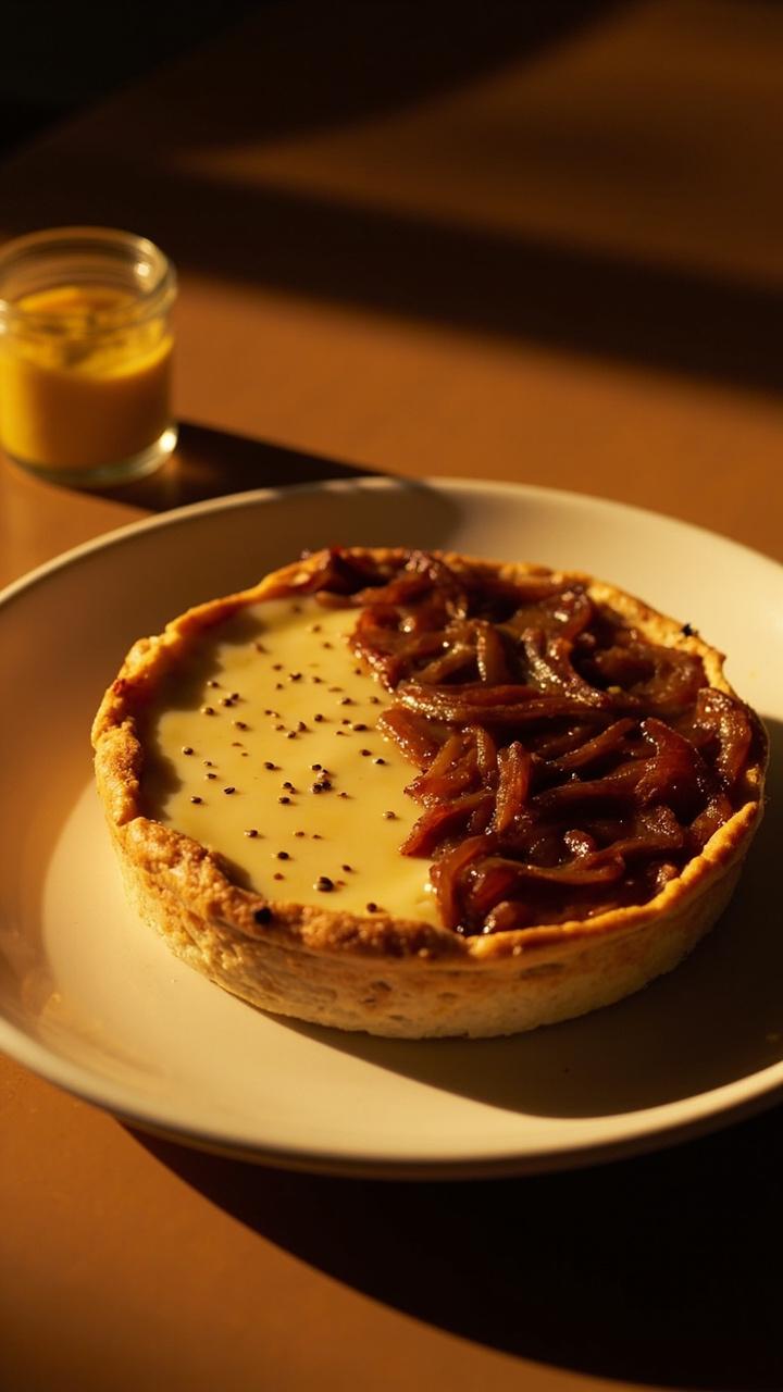 Quiche with a glossy band of caramelized onions on top, faint mustard specks in the custard, simple white plate, small jar of Dijon mustard nearby, warm indoor lighting Quiche with a glossy band of caramelized onions on top, faint mustard specks in the custard, simple white plate, small jar of Dijon mustard nearby, warm indoor lighting