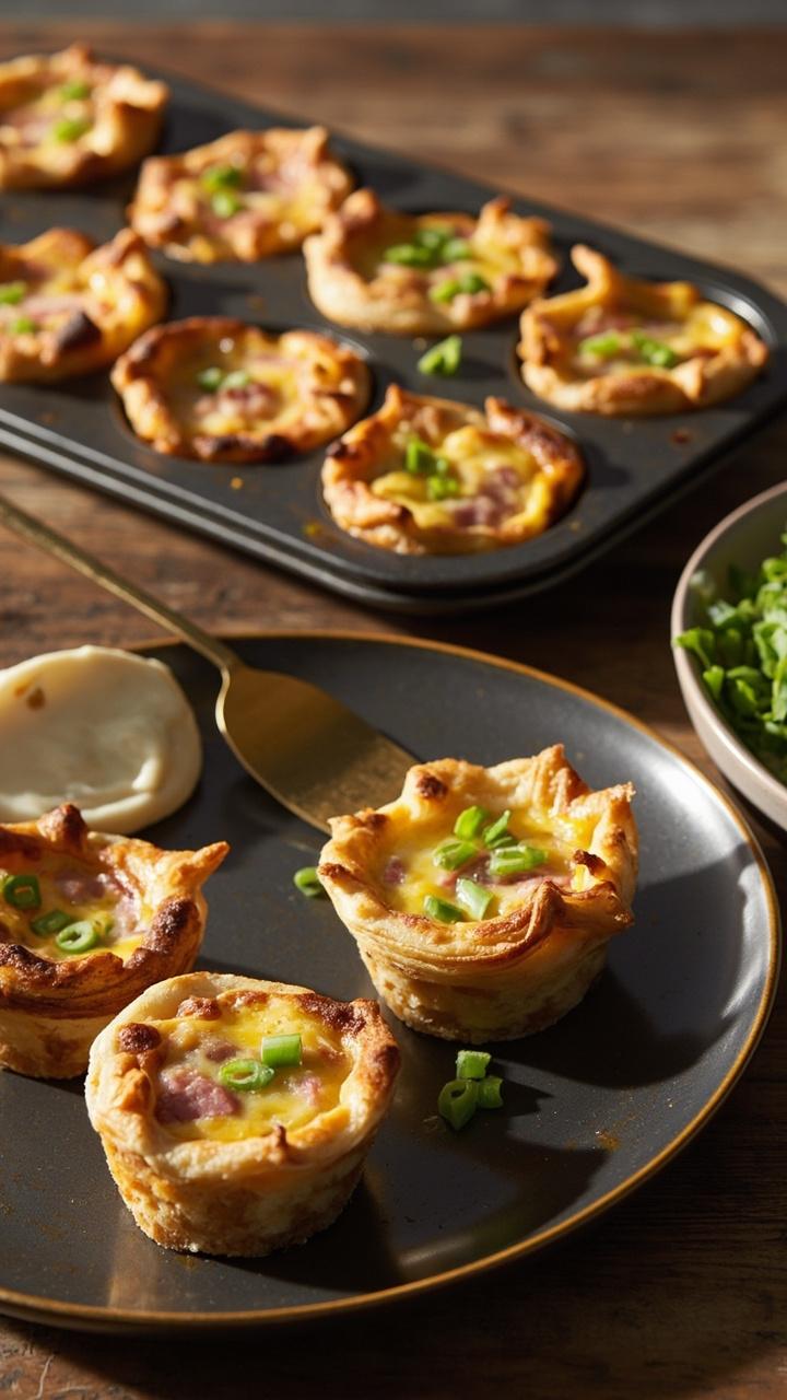A dozen mini quiche cups in a muffin tin, golden tops with visible ham and cheese, one removed on a small plate, scallions sprinkled on top, casual brunch table setting A dozen mini quiche cups in a muffin tin, golden tops with visible ham and cheese, one removed on a small plate, scallions sprinkled on top, casual brunch table setting
